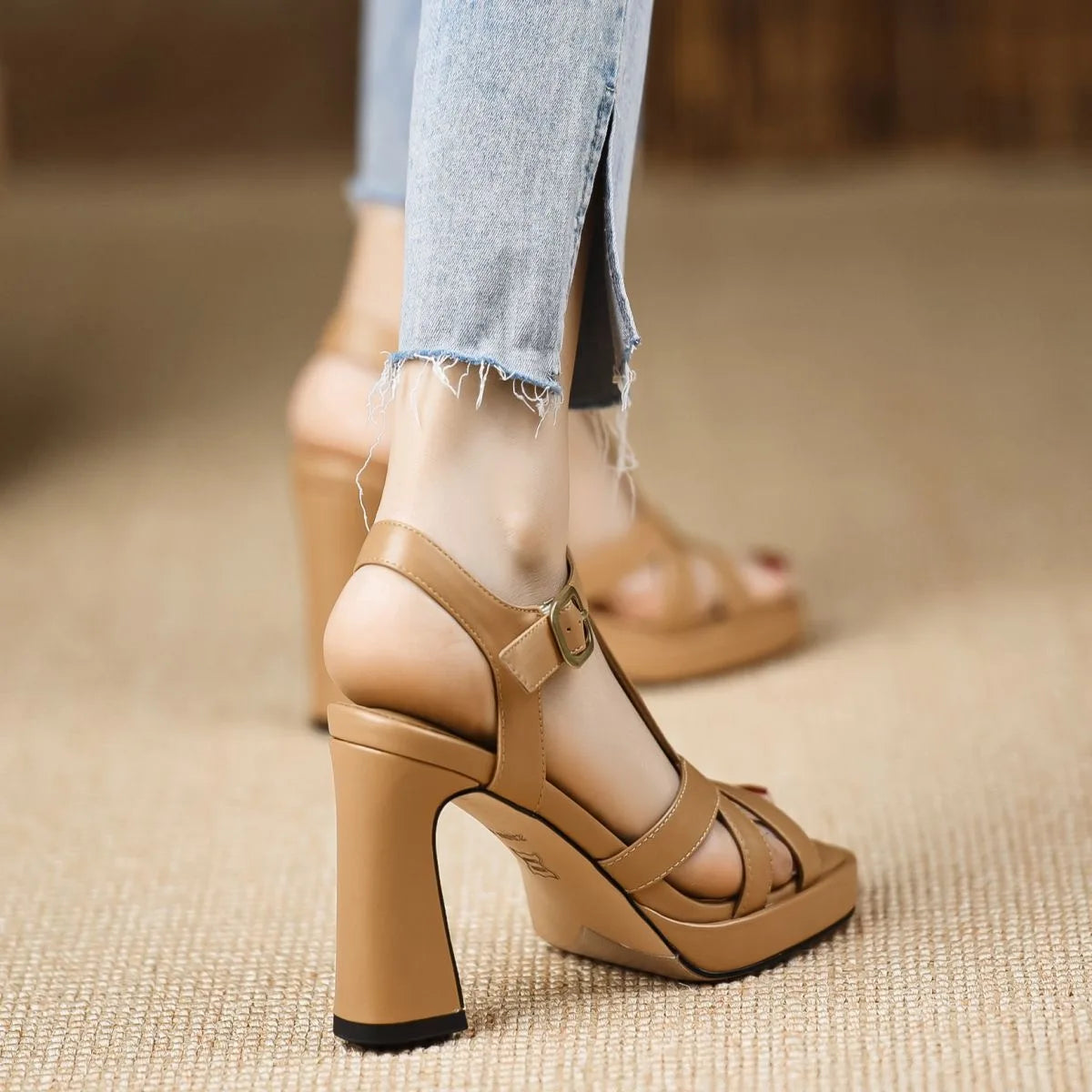 Elegant Chunky Leather Platform Sling-back Open Toe High Heels Sandals
