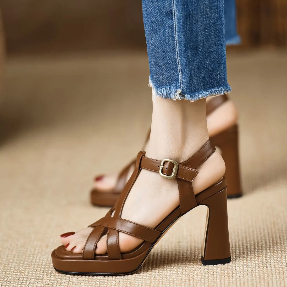 Elegant Chunky Leather Platform Sling-back Open Toe High Heels Sandals