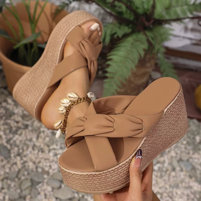 Elegant Chunky Platform Comfort Thick Bottom Cross Strap Wedge Heel