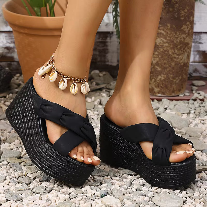 Elegant Chunky Platform Comfort Thick Bottom Cross Strap Wedge Heel