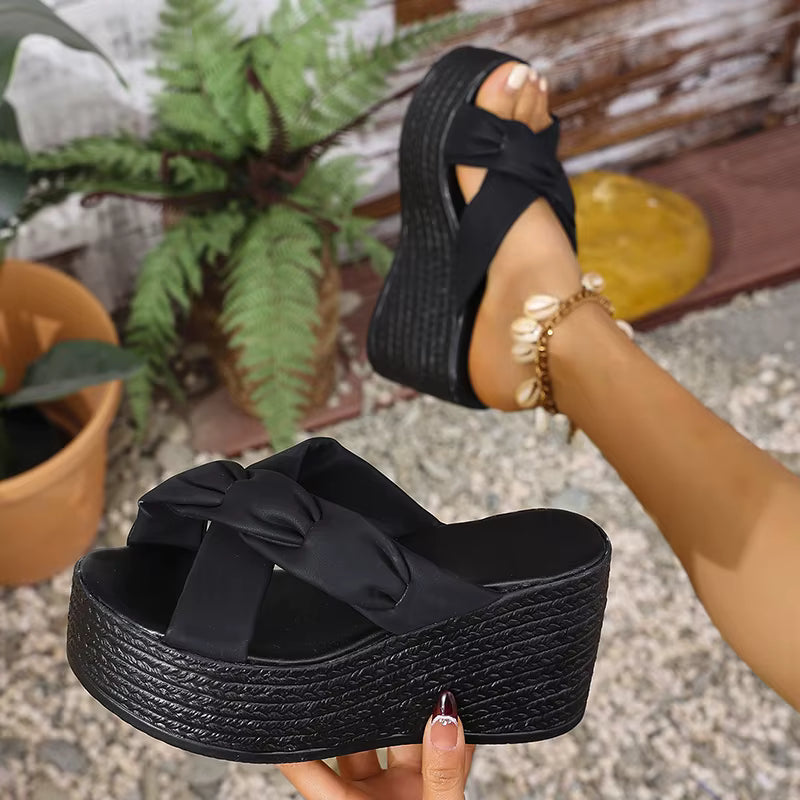 Elegant Chunky Platform Comfort Thick Bottom Cross Strap Wedge Heel