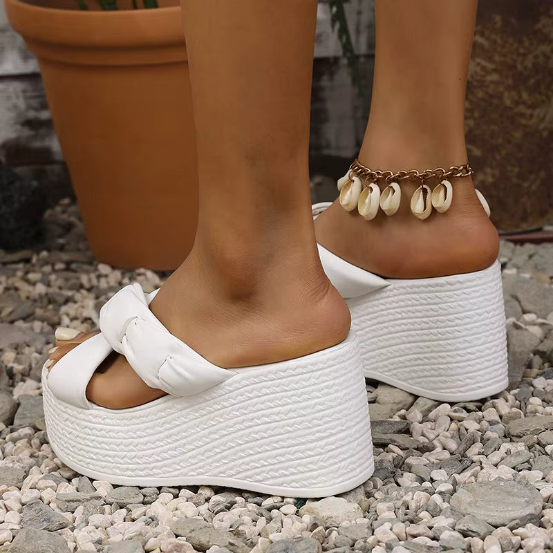 Elegant Chunky Platform Comfort Thick Bottom Cross Strap Wedge Heel