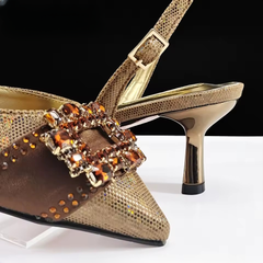 Elegant Color Block Design Shoes And Full Rhinestone Party Bag