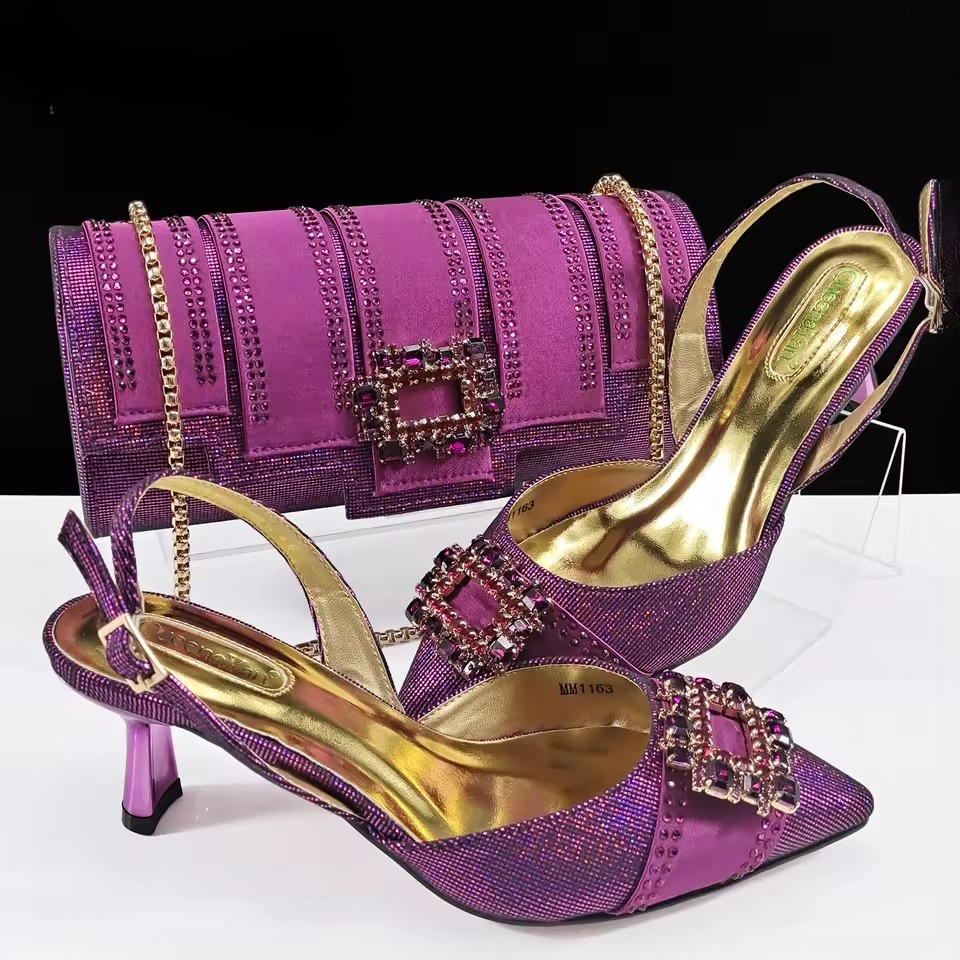 Elegant Color Block Design Shoes And Full Rhinestone Party Bag