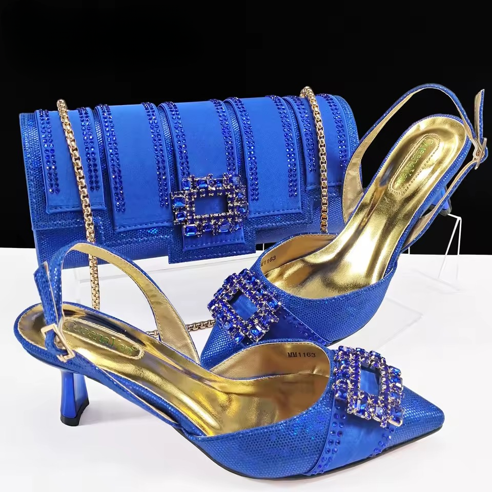 Elegant Color Block Design Shoes And Full Rhinestone Party Bag