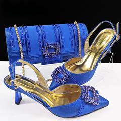 Elegant Color Block Design Shoes And Full Rhinestone Party Bag