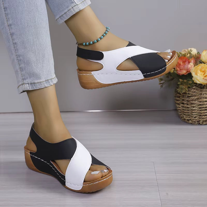 Elegant Contrast Color Peep Toe Non Slip Wedge Sandals