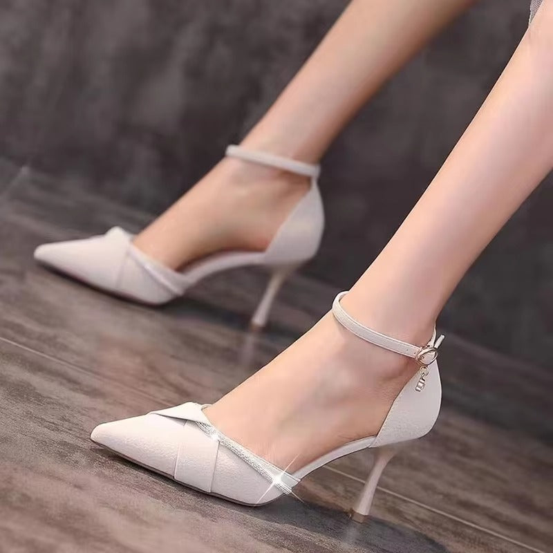 Elegant Crystal Ankle Strap Pointed Toe High Heels Pumps