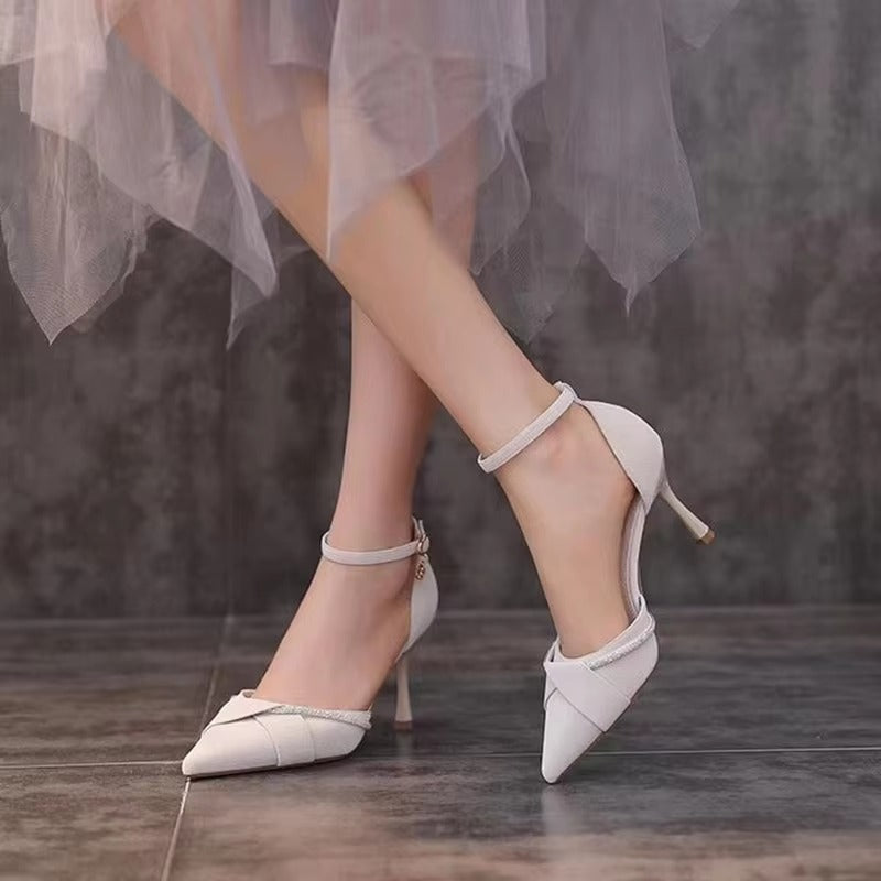 Elegant Crystal Ankle Strap Pointed Toe High Heels Pumps