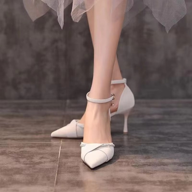Elegant Crystal Ankle Strap Pointed Toe High Heels Pumps