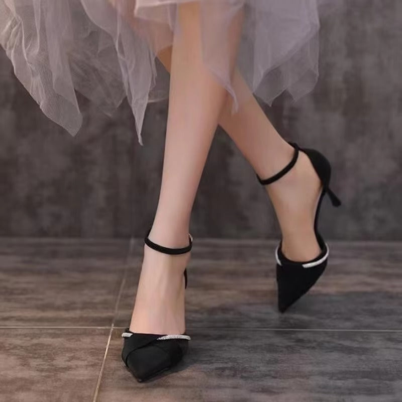 Elegant Crystal Ankle Strap Pointed Toe High Heels Pumps