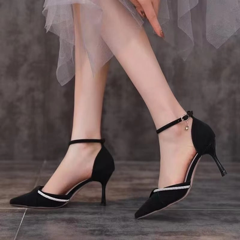 Elegant Crystal Ankle Strap Pointed Toe High Heels Pumps