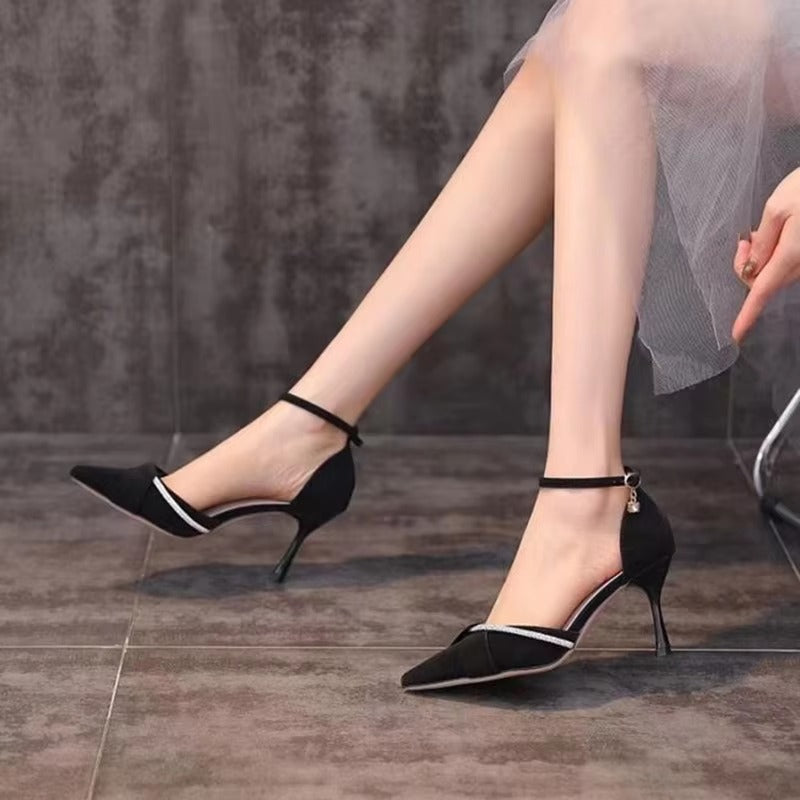Elegant Crystal Ankle Strap Pointed Toe High Heels Pumps