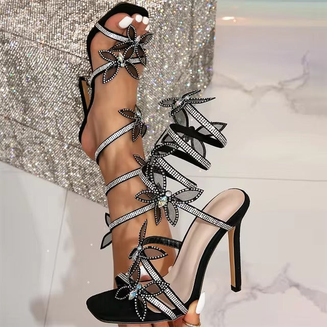 Elegant Crystal Butterfly-knot Ankle Strap Open Toe Thin High Heels Party Pumps Sandals