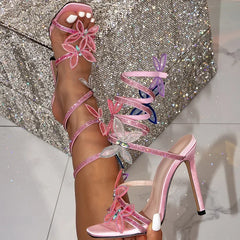 Elegant Crystal Butterfly-knot Ankle Strap Open Toe Thin High Heels Party Pumps Sandals