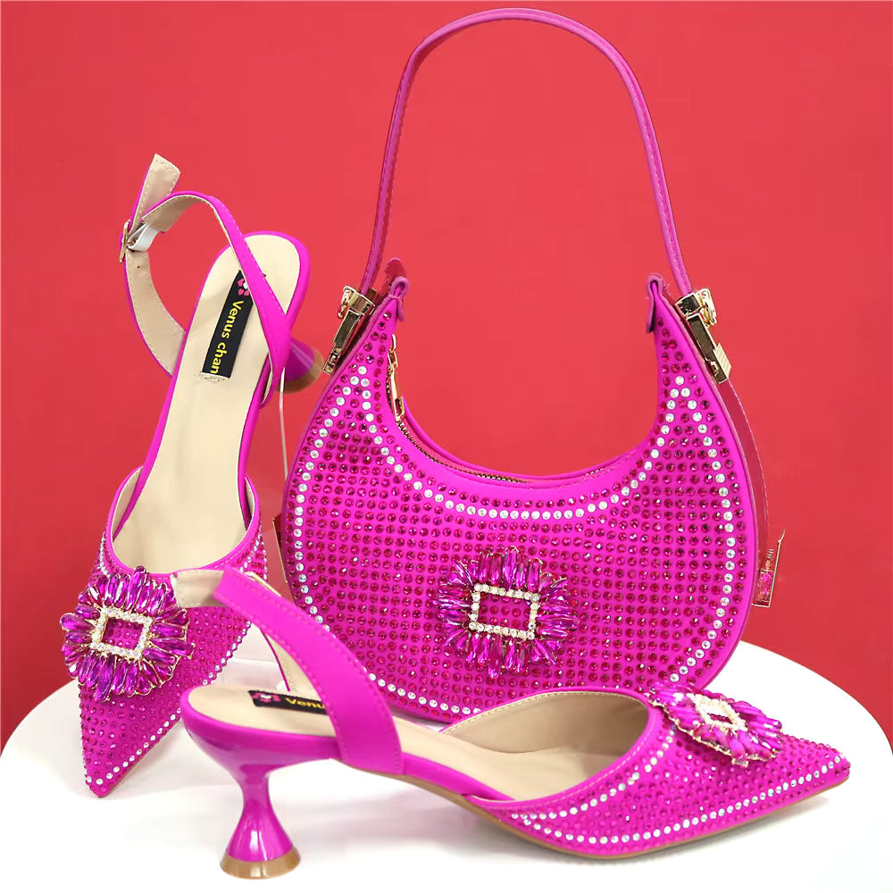 Elegant Crystal Comfortable Evening Shoes And Capacity Bag