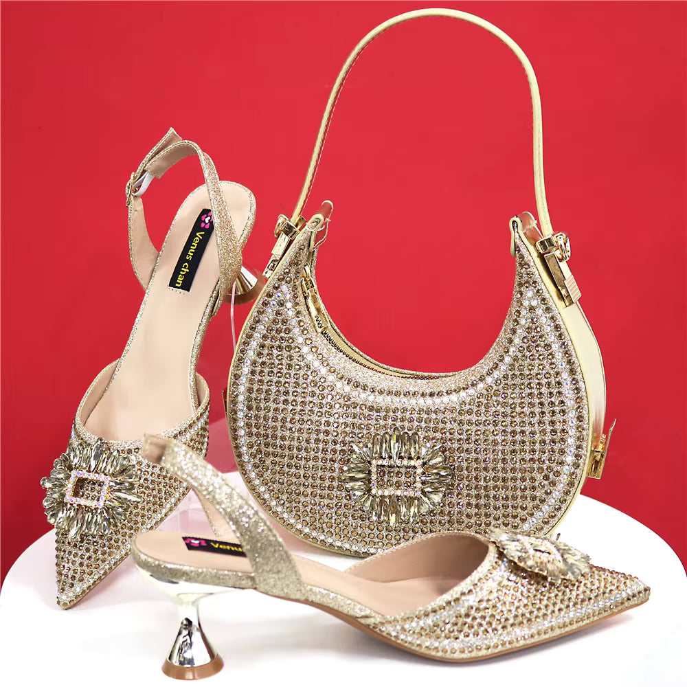 Elegant Crystal Comfortable Evening Shoes And Capacity Bag