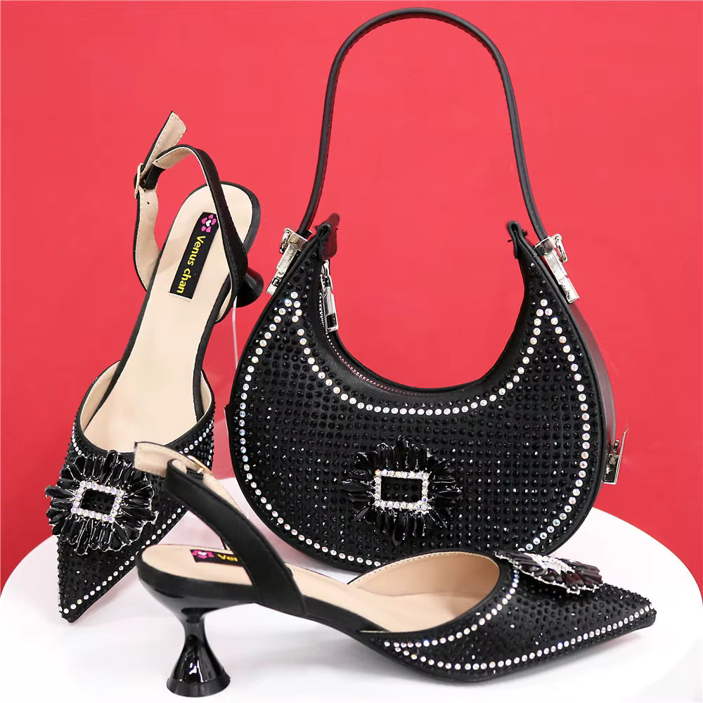 Elegant Crystal Comfortable Evening Shoes And Capacity Bag