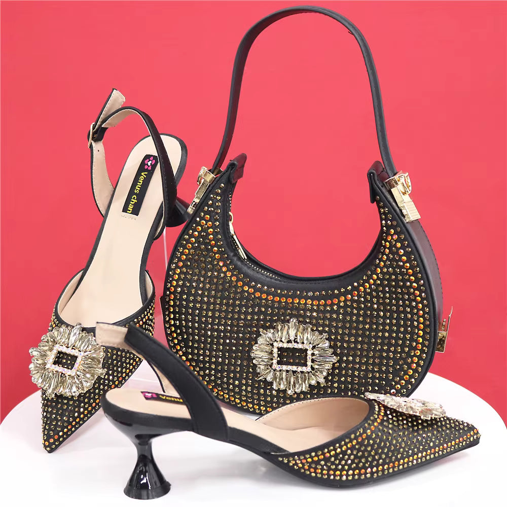 Elegant Crystal Comfortable Evening Shoes And Capacity Bag
