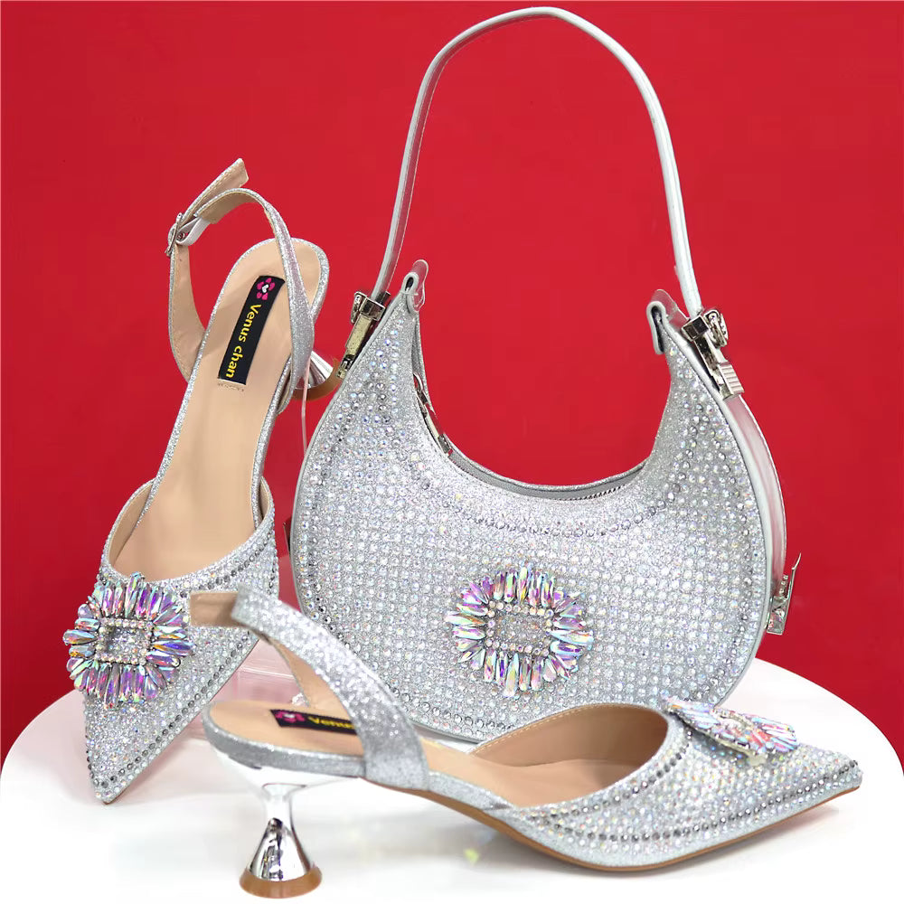 Elegant Crystal Comfortable Evening Shoes And Capacity Bag