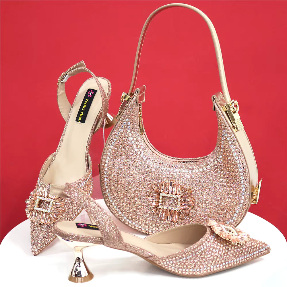 Elegant Crystal Comfortable Evening Shoes And Capacity Bag