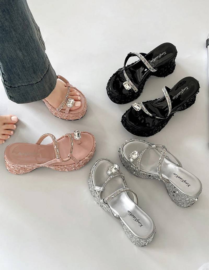 Elegant Crystal Narrow Band Platform Thick Bottom Wedges Heel Slides Sandals