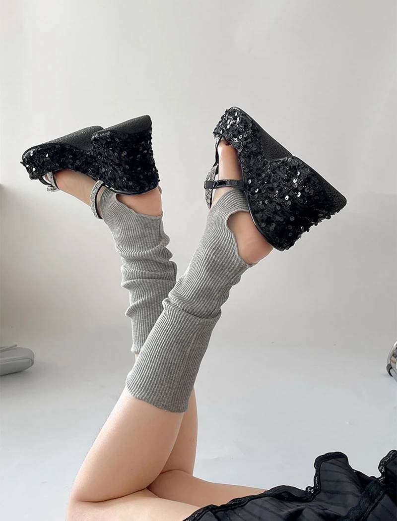 Elegant Crystal Narrow Band Platform Thick Bottom Wedges Heel Slides Sandals