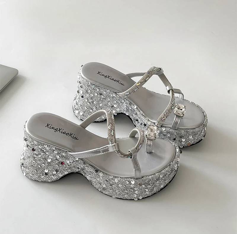 Elegant Crystal Narrow Band Platform Thick Bottom Wedges Heel Slides Sandals