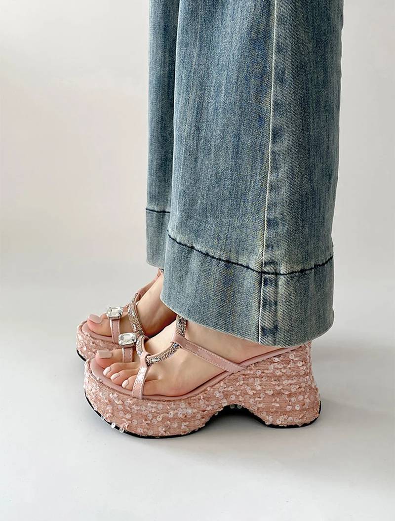 Elegant Crystal Narrow Band Platform Thick Bottom Wedges Heel Slides Sandals