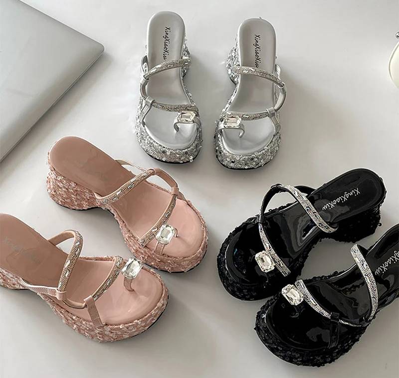 Elegant Crystal Narrow Band Platform Thick Bottom Wedges Heel Slides Sandals