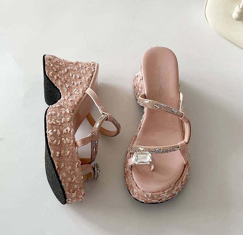 Elegant Crystal Narrow Band Platform Thick Bottom Wedges Heel Slides Sandals