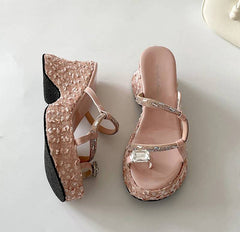 Elegant Crystal Narrow Band Platform Thick Bottom Wedges Heel Slides Sandals