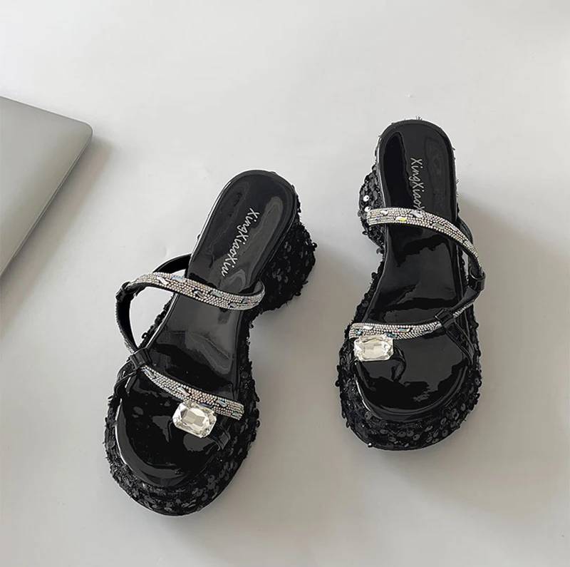 Elegant Crystal Narrow Band Platform Thick Bottom Wedges Heel Slides Sandals