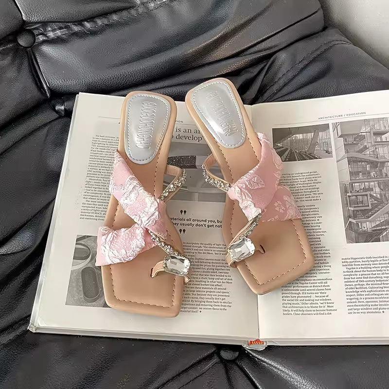Elegant Square Toe Crystal Clip Toe Pull On High Heel Sandal