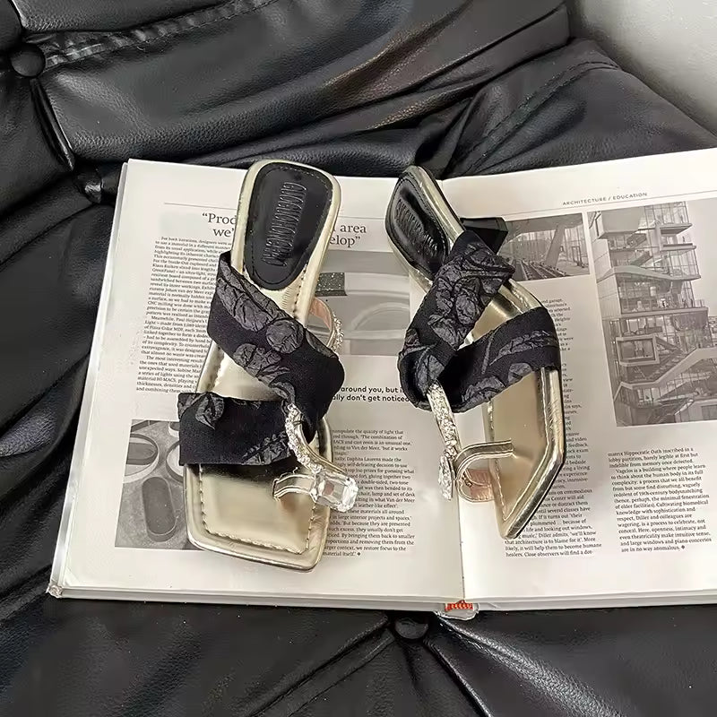 Elegant Square Toe Crystal Clip Toe Pull On High Heel Sandal