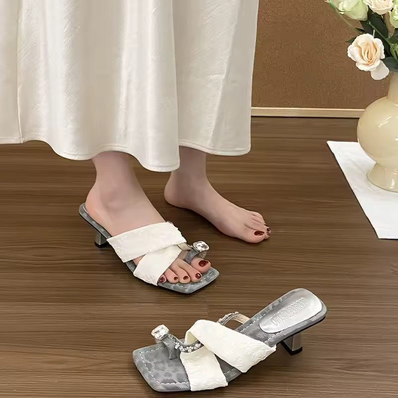 Elegant Square Toe Crystal Clip Toe Pull On High Heel Sandal