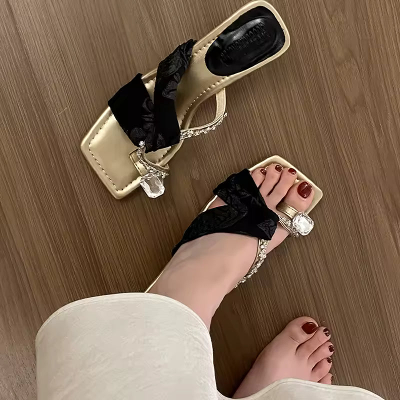 Elegant Square Toe Crystal Clip Toe Pull On High Heel Sandal