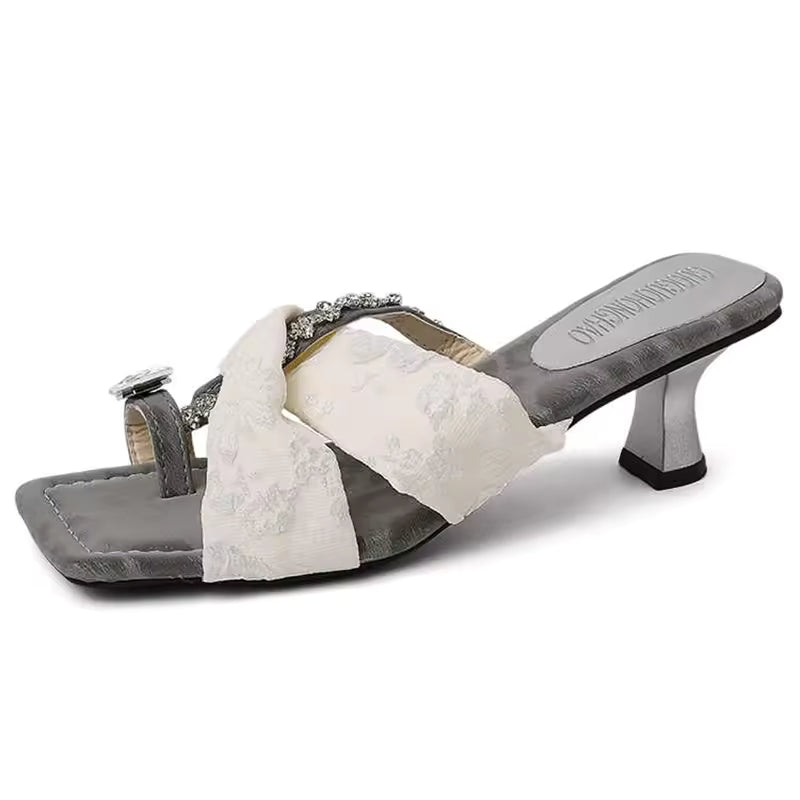Elegant Square Toe Crystal Clip Toe Pull On High Heel Sandal