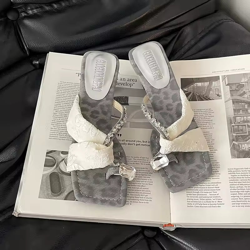 Elegant Square Toe Crystal Clip Toe Pull On High Heel Sandal