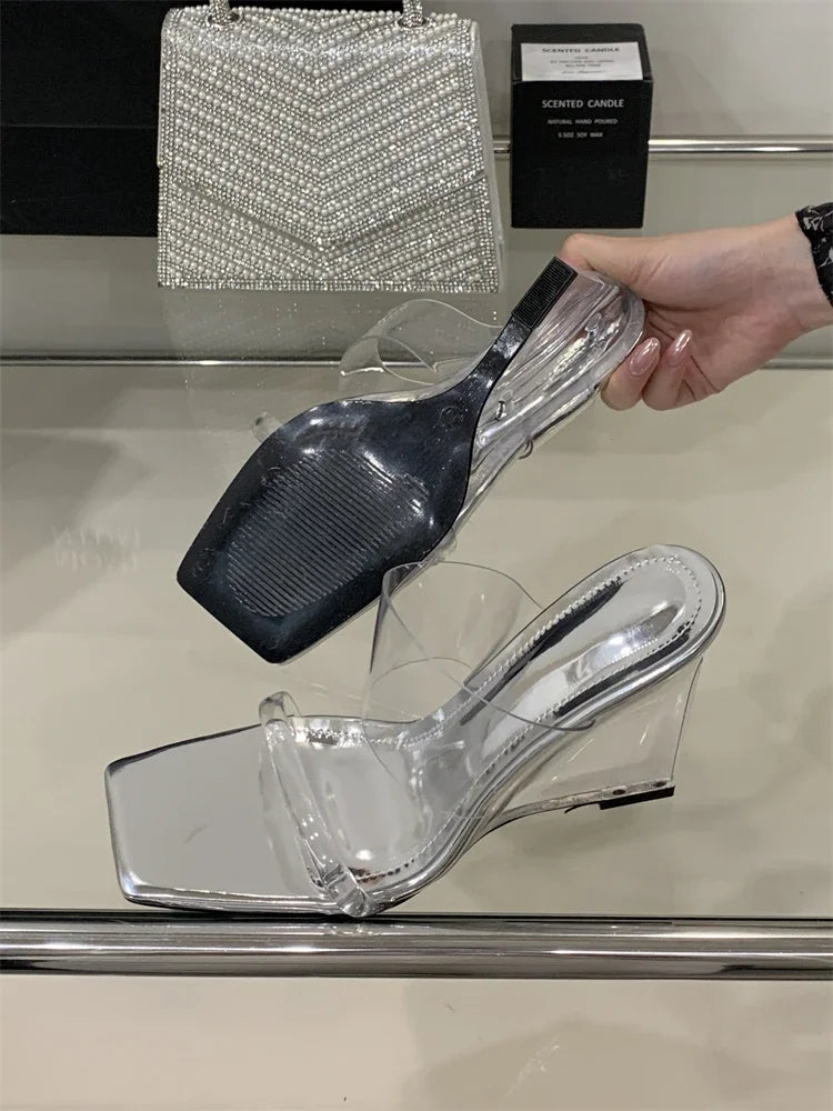 Elegant Designer Crystal PVC Transparent Square Wedges High Heels