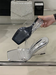 Elegant Designer Crystal PVC Transparent Square Wedges High Heels