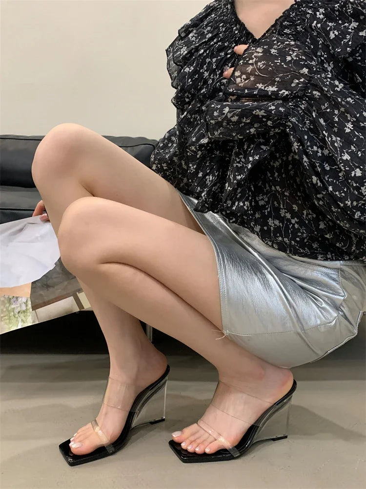 Elegant Designer Crystal PVC Transparent Square Wedges High Heels
