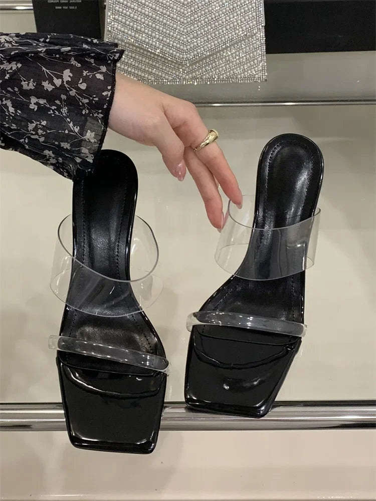 Elegant Designer Crystal PVC Transparent Square Wedges High Heels