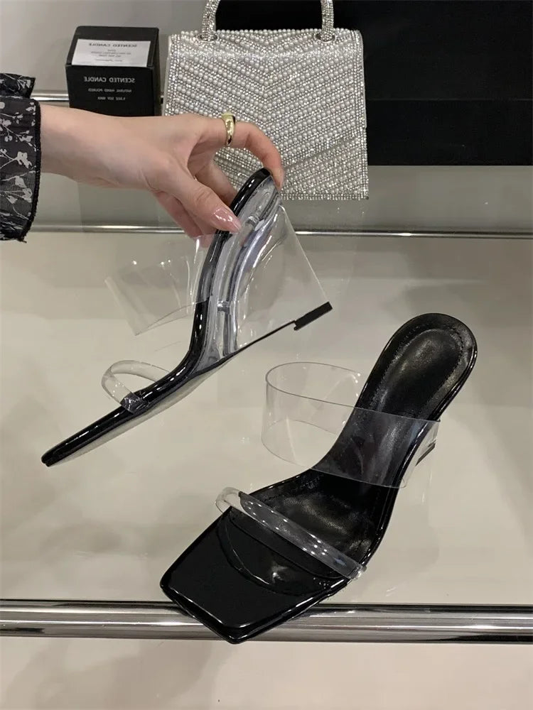 Elegant Designer Crystal PVC Transparent Square Wedges High Heels