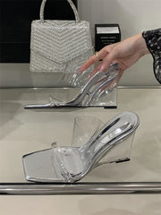 Elegant Designer Crystal PVC Transparent Square Wedges High Heels