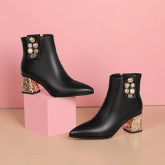 Elegant Electroplated crystal decoration Genuine leather high heel Ankle boot