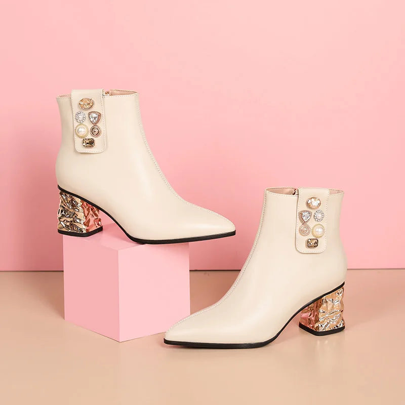 Elegant Electroplated crystal decoration Genuine leather high heel Ankle boot