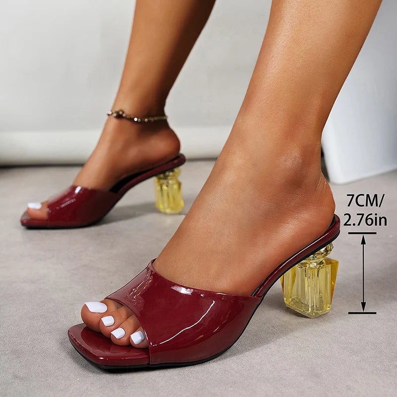 Elegant Fashion Transparent Square Toe Mix Color Pu Leather High Heel