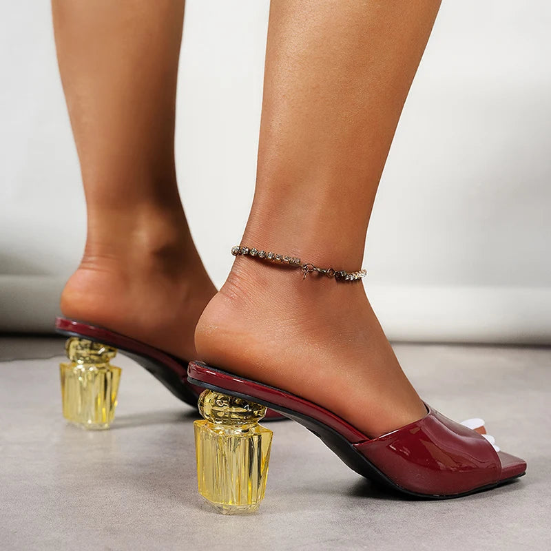 Elegant Fashion Transparent Square Toe Mix Color Pu Leather High Heel