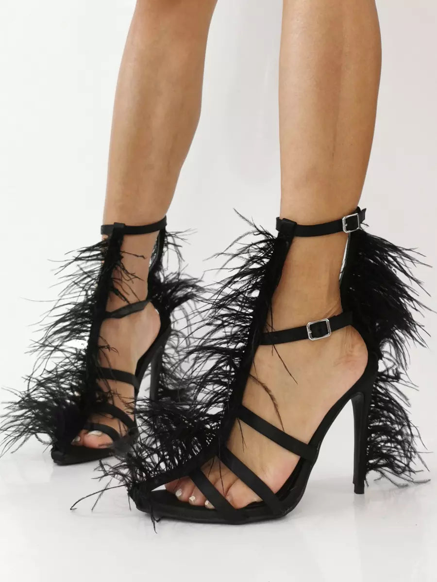 Elegant Faux Feather Detail Chunky Heel Party Style Stiletto High Heel Sandals